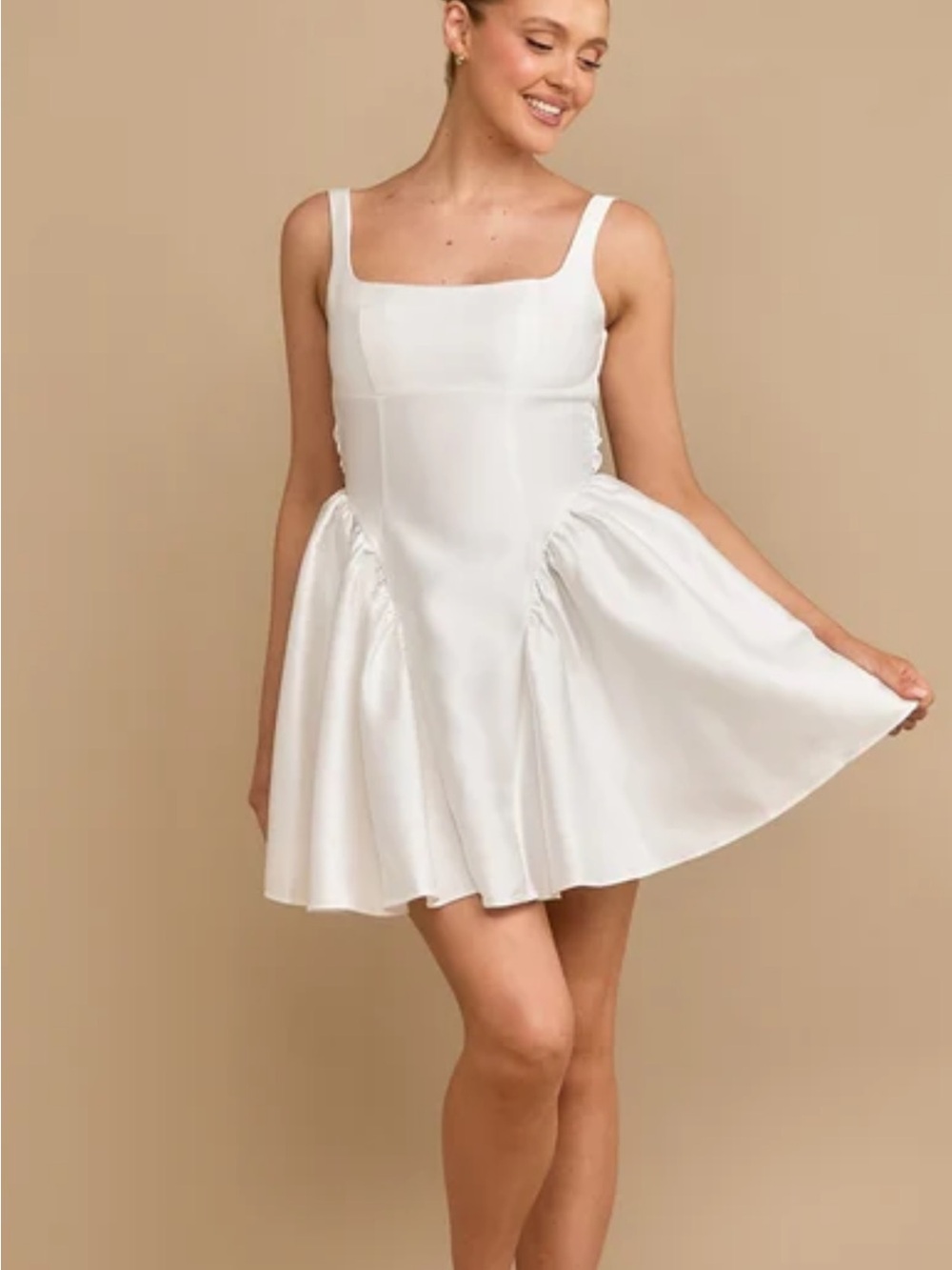 Square-Neck White Mini Dress with Flared Skirt